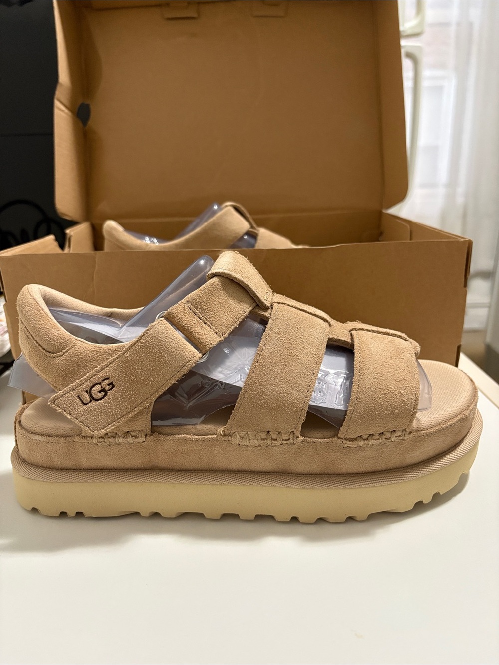 UGG Kids Beige Suede Fisherman Sandal with Hook-and-Loop Strap